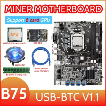 B75 Card de 8 BTC Mining Placa de baza+G530/G1630 PROCESOR+Ventilator+8G DDR3 RAM+SSD 128G+Cablul de Rețea RJ45 8XUSB3.0 LGA1155 DDR3 MSATA
