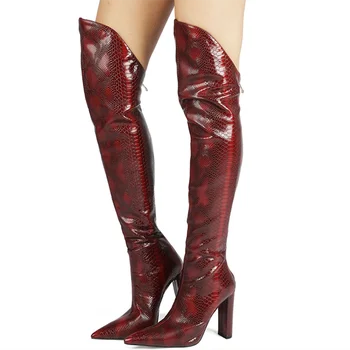 Pantofi femei Toamna Iarna Red Snake Print cu Toc Înalt Cizme de Argou Taie pe Spate cu Fermoar Peste Genunchi Cizme de Mari Dimensiuni 45 Indesata Toc
