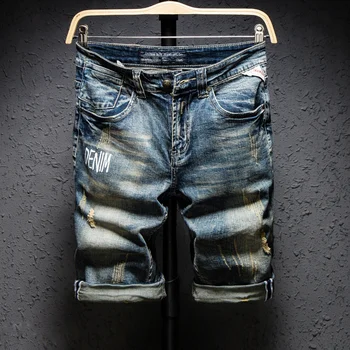 2022 Vară Genunchi Lungime Pantaloni Scurti Barbati Blugi Cargo Pantaloni Din Denim Casual Gaura De Moda Pantaloni Scurți Pentru Bărbați