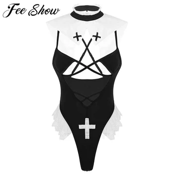 Femei Erotice Joc de Rol Costum Set de Lenjerie Bretele Reglabile Adânc V Front High Cut Tanga Tricou Body cu Guler