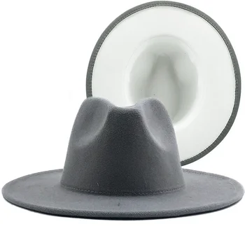 Exterior gri Simplu Interior alb Lână Simțit Jazz Pălării Fedora cu Curea Subțire Catarama Bărbați Femei Margine Largă Panama Trilby Capac 56-58-60CM
