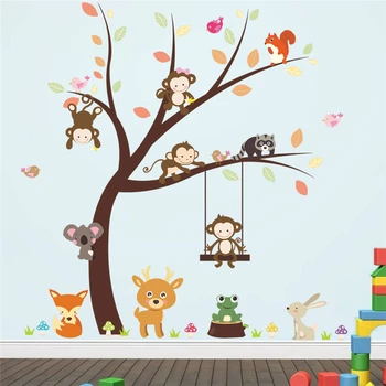 Frumoase Maimuțe Fox Pasăre, Animal, Copac Autocolante De Perete Pentru Camera De Copii, Living, Home Decor Desene Animate Opera De Artă Murală Mare Decalcomanii