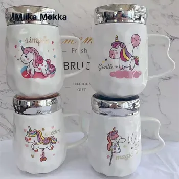 Unicorn Cerb Desene animate Ceramice Cana de Cafea cu Capac Oglinda Sigiliu Etans Cana de Moda Cana de Lapte Cana de Suc de Birou Acasă Drinkware