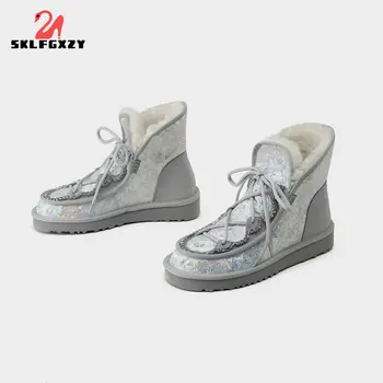 2021 Lână De Iarnă Din Piele Femei Cizme De Zăpadă Diamant Flash Moda Cizme Cald Doamnelor Stil Britanic Botine Pantofi