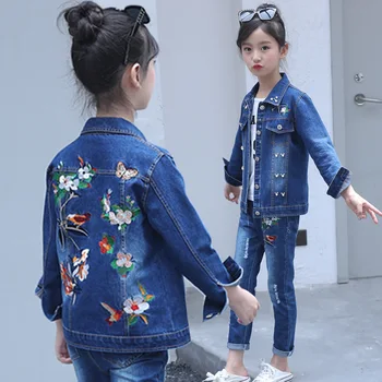 Uzura pentru copii fete blugi set haine de toamna purta 2019 nou Chinezesc de agrement, păsări de desene animate cu flori fete denim costum de corp
