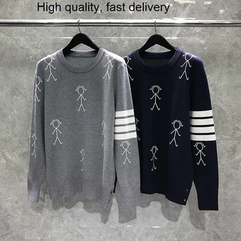 THOM Bărbați TB Pură Lână Pulover Moda coreeană Tricotat Stickman Grafic Pulover O-gât Topuri 4 Baruri Design de Înaltă Calitate, Haine