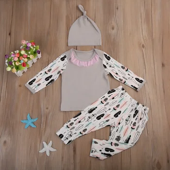 2020 Nou Sexy Fete de Moda 3-piesă de Costum Set cu Maneci Lungi Pene de Imprimare de Top+Pantaloni+Hat Set pentru Copii Fete Copii ropa de bebe