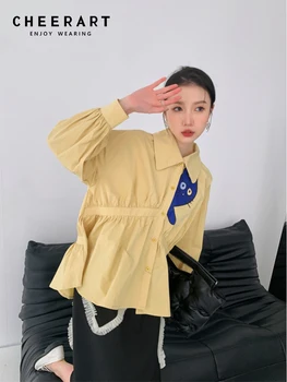 CHEERART Galben Desene animate Largi Kawaii Tricou Primăvara anului 2022 Moda pentru Femei Shirred Butonul de Sus Maneca Lunga de Sus Și Bluza Stil coreean