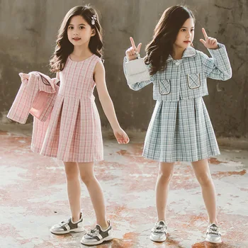 Fete Primavara cu Dungi Îmbrăcăminte Set 2020 Copii Nou Grațios fără Mâneci Rochie Pearl Jachete 2 buc Seturi de Îmbrăcăminte