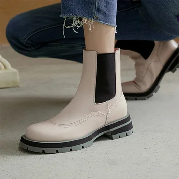 Femeie Cizme Stil Concis Banda Elastica Chelsea Cizme Glezna Plin de Cereale din Piele Femei Pantofi Frumos Pantofi Albi botas de mujer