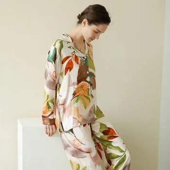 Moda Frunze Print Floral Vascoza pentru Femei cu Maneci Lungi Guler de Turn-down Seturi de Pijama Pantaloni Lungi Largi de Somn Costume de Primavara Toamna