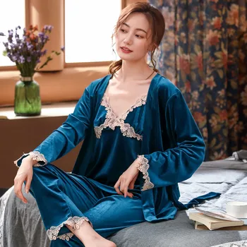 Păun Albastru 3PCS Doamna Velur Seturi de Pijamale Kimono Dantelă Florale Mireasa Halat Sexy V-Neck cămașă de noapte Pijamale Acasă Halat de baie