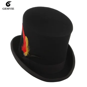 GEMVIE 100% Lână Simțit Castor Pălărie Cu Pene Pălărie Cilindru Pentru Femei Barbati Mad Hatter Costum Petrecere Mare Magician Capac