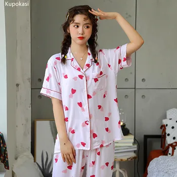 Kupokasi Primavara-Vara Set De Pijama Pentru Femei Din Bumbac Dragoste Tipărite Sleepwear Costum Fată V Gât De Sex Feminin Pijamale Casual Homewear