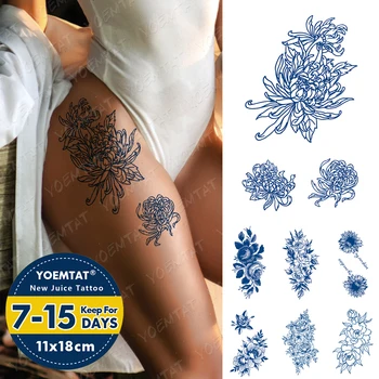 Floare Albastră Cerneală Suc Impermeabil Tatuaj Temporar Autocolant Crescut Crizantema De Arta Corp Tatuaj Fals Bărbați Femei Lungă Durată Transfer