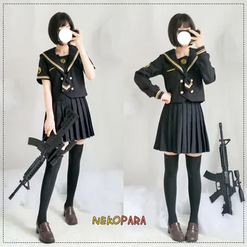 Hackbuteer Drăguț Japoneză Femei JK Uniformă 2 buc Set: Lung/Scurt Mâneci Guler Marinar Bluza Tricou + Fusta Plisata 2 Stiluri