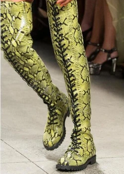 Mai nou Peste Genunchi din piele de Sarpe Femeie Python Cizme din Piele Camuflaj Plat Botas Zapatos Mujer Dantelă Up Lady Coapsei cizme Pantofi