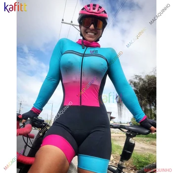 Kafitt Albastru Roz Femei cu Maneci Lungi de Ciclism Triatlon Haine Skinsuit Seturi 20D Pad Macaquinho Ciclismo Feminino Salopeta Kituri