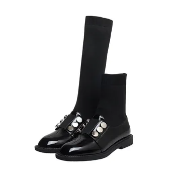 UVRCOS mai Nou Tricotate Cizme Stretch pentru Femei Șosete Cizme Negre Piele de Vacă Pantofi Plat Butonul Decoratiuni Glezna Cizme