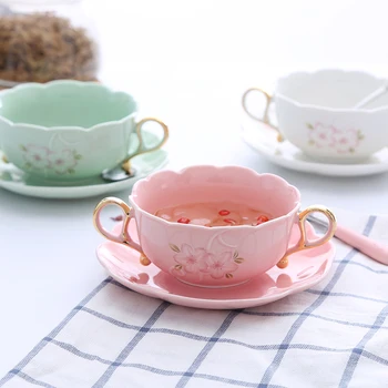 Foarte Rafinat mâner dublu ceramic ceașcă de cafea relief Frumoasă cherry ceramice ceașcă de ceai
