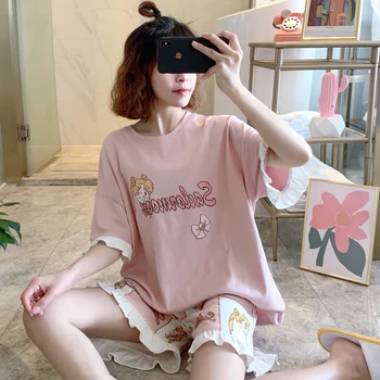 Japonia Kawaii Pijamale pentru Femei Maneci Scurte din Bumbac Sleepwear Bowknot Roz Homesuit pentru Fete de Vara Subtiri Pijama de Desene animate Drăguț Ins