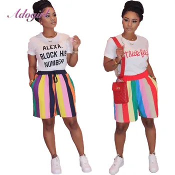 Adogirl 2020 Moda Casual Femei Libere Seturi de Vara Maneca Scurta Scrisoare tricou + pantaloni Scurți cu Dungi Curcubeu Tinuta vestimentara Set