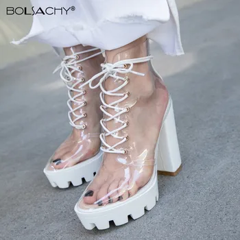 Tocuri groase Platforma Sexy din PVC Transparent Cizme Femei Dantelă-Up Tocuri Indesata Pantofi de Moda Rotund Toe 12CM Tocuri inalte Cizme Femei