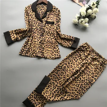 2021 Primăvara anului Nou cu Mâneci Lungi Pijamale Femei Matase de Gheață Moda Pijama din Doua piese-Leopard de Imprimare Sexy Pijamale Costum de Servicii la Domiciliu