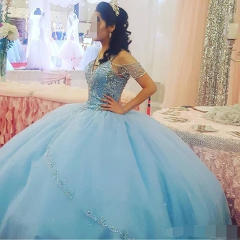2019 Lumina Cerul Albastru Rochie de Bal Rochii Quinceanera Spaghete ștrasuri din Mărgele vestidos de 15 anos Cristal Princess Rochii de Bal Sweet 16
