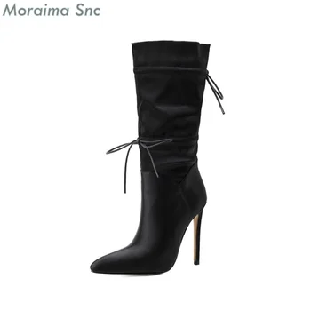 Femei Cizme Dantela-up Subliniat Toe Strappy Negru Solid de Culoare Amestecat Jumătatea Vițel Toc Subțire de Mare de Moda Noua de Toamna Iarna Femei Pantofi