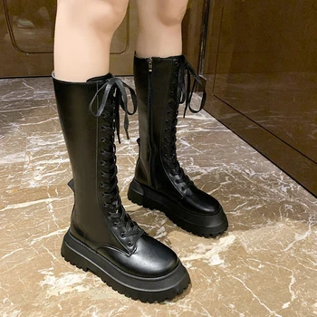 Nouă Femei Cizme de Luptă de sex Feminin Platformă Înaltă Gotic Pantofi Cizme Negre din Piele Dantela-Up pantofi Femei Cizme Genunchi Ridicat cizme cu platforma