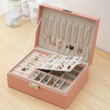 Doamnelor bijuterii cutie de depozitare cu strat dublu cu capacitate mare coreeană din lemn cercei colier inel de bijuterii cutie de depozitare