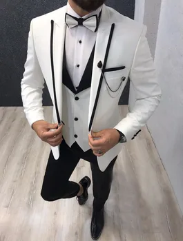2019 New Sosire Slim Fit Alb Bărbați costume Cu pantaloni Mire Costume de Moda Mire de Afaceri Costume de Nunta Fracul Sacou Rochie