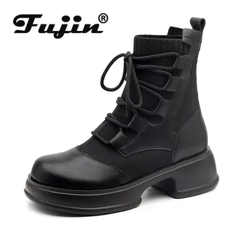 Fujin 5cm Toamna Șosete Glezna Cizme Platforma din Piele Sintetica de Primăvară Femei Casual Toc Patrat Femei Cauciuc Solid Pantofi