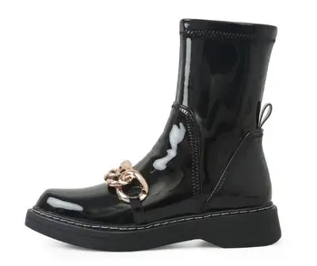Primăvara Noul Negru Lucios din Piele Rotund-Deget de la picior 3 cm Med Tocuri Glezna Cizme Femeie Lanț de Aur cu Fermoar Lateral Scurt Botine Pantofi