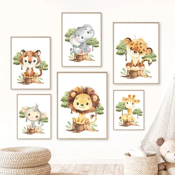 Elefant, Girafa, Leu, Tigru, Maimuță, Câine Pepinieră Nordic Postere Si Printuri De Arta De Perete Panza Pictura Pe Perete Poze Decor Camera Pentru Copii