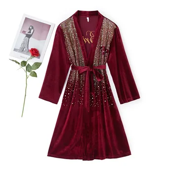 Burgundia Stras Nunta Halat Casual Camasa De Noapte Pentru Femei Maneca Lunga Homewear Halat De Baie Rochie Din Velur Acasă Îmbrăcăminte Lenjerie Intima