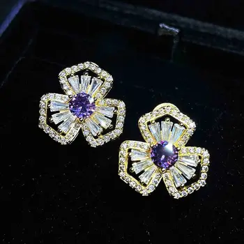 De Lux Violet Cubic Zirconia De Cristal Cercei Rafinat Trendy De Culoare De Aur Clover Cercei Stud Pentru Femei Nunta Bijuterii Fine