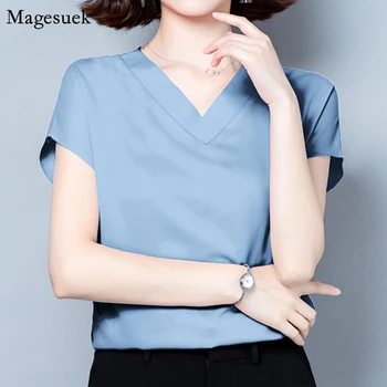 Solid V-neck Maneca Scurta din Satin Femeie Bluze de Vară 2021 în Vrac Casual Cămașă de Mătase Supradimensionate M-4XL Birou Doamnă Topuri Haine 10297