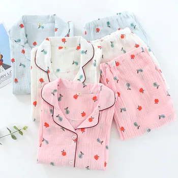 Noi Bumbac Dublu Fire Crep Pijama Set Mâneci Lungi De Maternitate Set Haine Body Femei Pijamale De Imprimare Haine De Acasă
