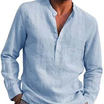 2022 Barbati Maneca Lunga V-neck Casual Plaja Cămașă Lenjerie Vintage Tricouri Longsleeve Shirt pentru Bărbați