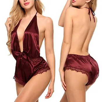Una Bucata Adânc V-gât Ștreangul de Lenjerie Erotica Body Sexy Femei din Satin Dantelă Intimii Backless Pijamale Pijamale Costum de Corp
