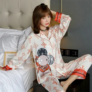 Noi de Toamna pentru Femei Set de Pijama Stil Lux Tigru de Imprimare Pijamale de Mătase Ca Cămășuță de noapte de Agrement Homewear îmbrăcăminte de noapte Set