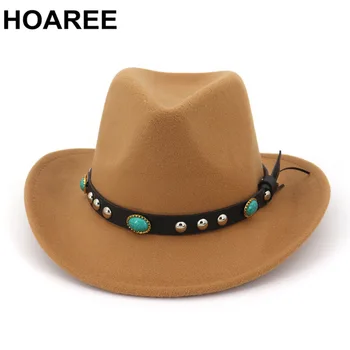 HOAREE Vest Pălărie de Cowboy Femei Barbati Burgundy Lână Chapeu Domn Jazz Sombrero Hombre Cap de Cămilă Doamna Eleganta Palarie Cowgirl