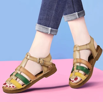 Piele naturala sandale de doamnelor vara noua culoare de potrivire cuvânt cataramă moda pentru femei pantofi Balerini Sandale de Plaja Fund Moale Retro