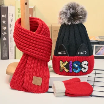 Un set de trei piese pentru copii pălărie și eșarfă mănuși pentru toamna și iarna Băieți și fete copil drăguț capac tricot eșarfă costum