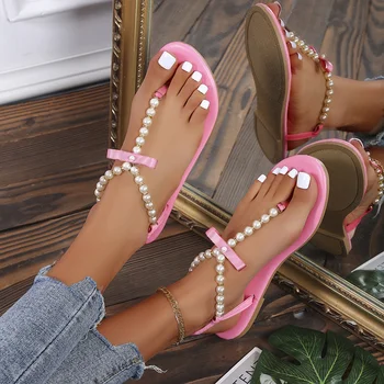 2022 Noua Moda Pearl Sandale Femei Arc Clip Deget de la picior Plat Flip-flops, Papuci Casual de Vara Gol Afară de Street Style Pantofi de Plaja