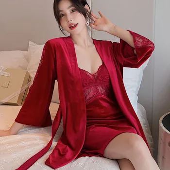 Velur Kimono-Halat de Rochie de Femei 2 BUC Halat de baie Costum de Curea cămașă de noapte cu Dantelă Asieta Sleepwear Toamna Lenjerie Sexy V-Neck Haine de Acasă