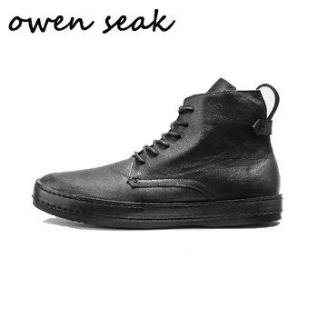 Owen Bolnav Barbati Pantofi High-TOP Glezna Lux Formatori din Piele Dantela-Up de Iarna pentru Bărbați Bocanci Casual Brand Apartamente Pantof Negru