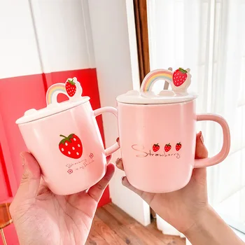 Cute strawberry cana ceramica roz fată inima cana cu suport de telefon mobil acoperă lingura creative cafea cana de apa